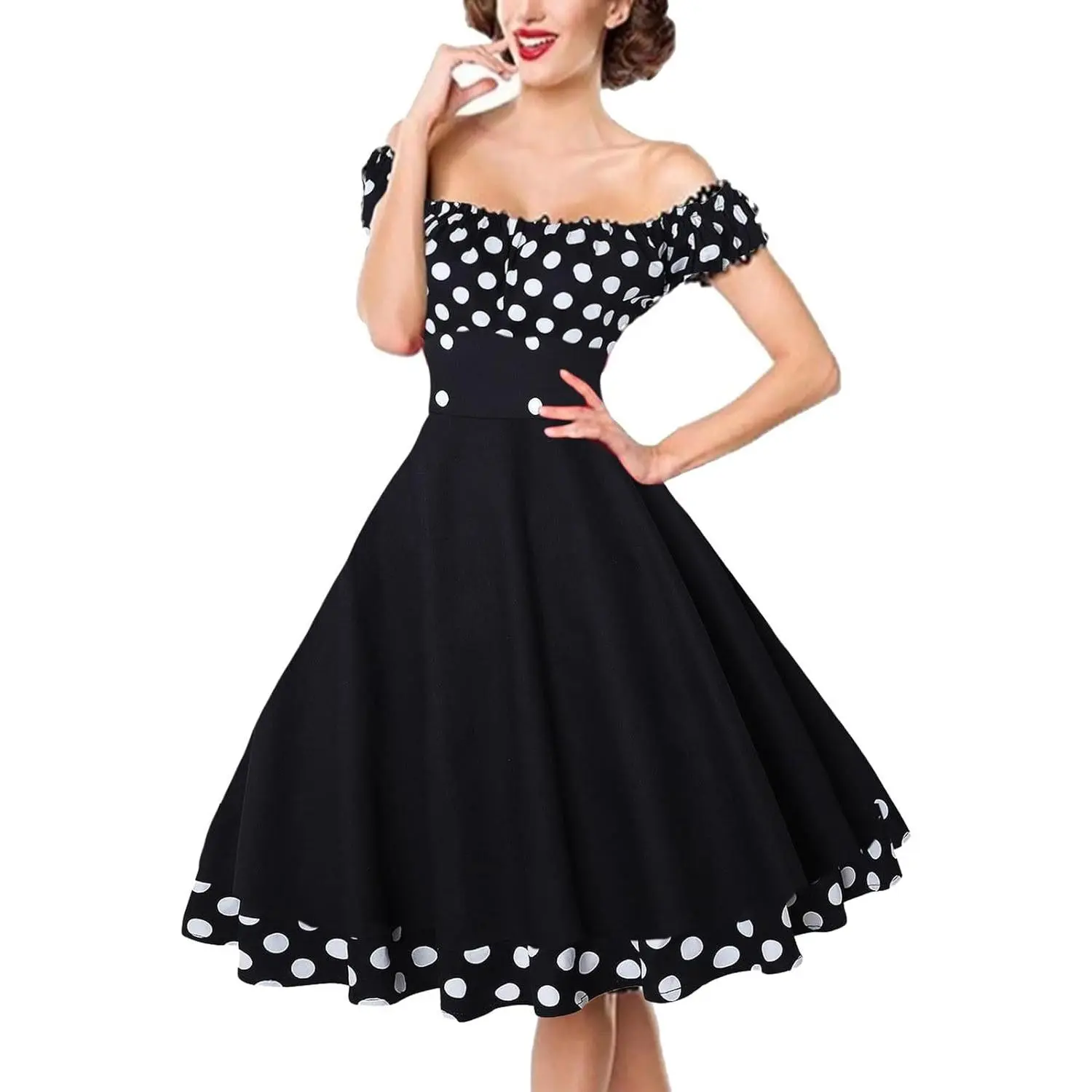Women 50s 60s Retro Rockabilly Swing Dress Off Shoulder Cocktail Party Tea Dresses A-line Polka Dot Midi Dresses