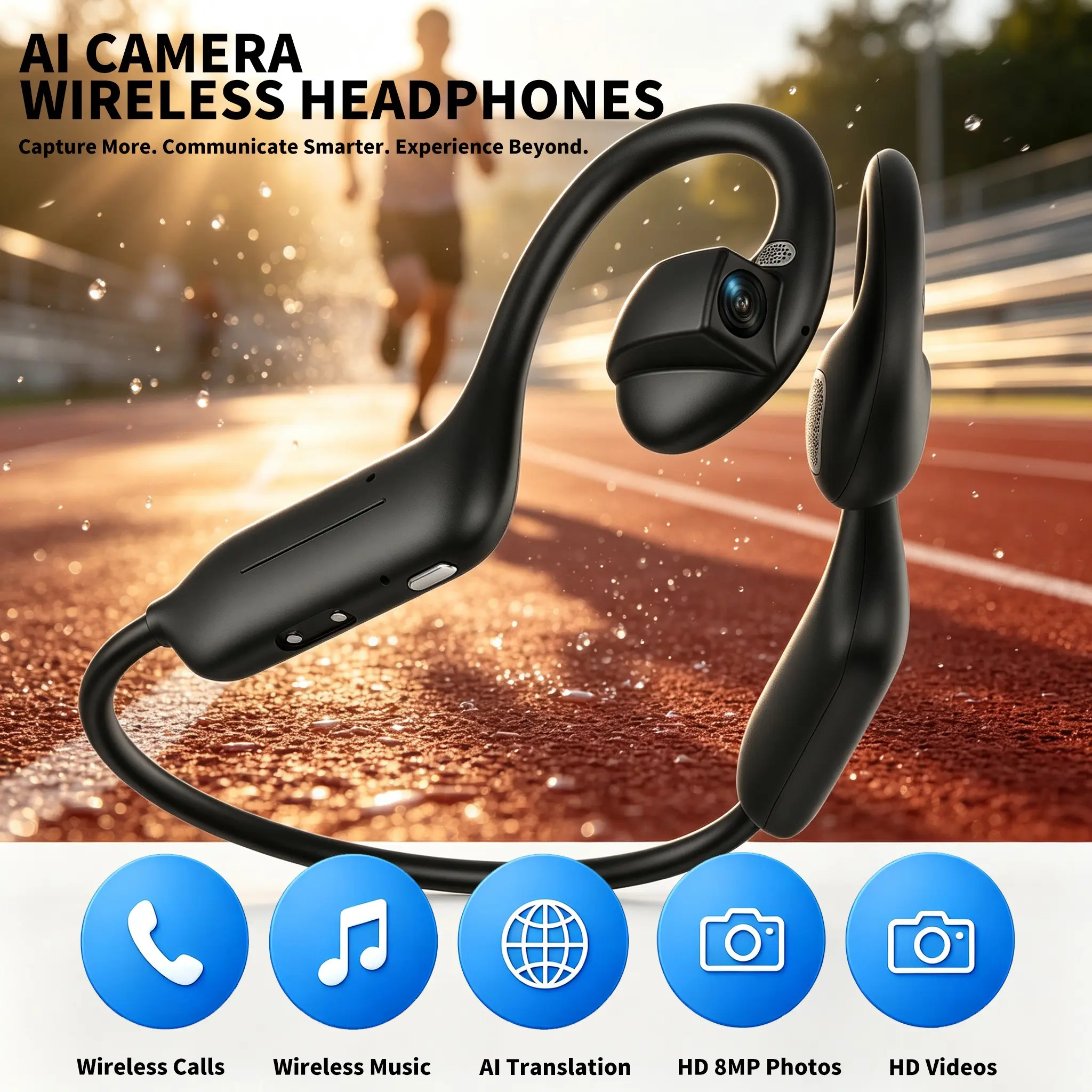 Intelligent camera headset, Bluetooth wireless bone conduction headset, supports AI voice assistant, object recognition Q&A, recording, HD photography, video recording, etc., with 8GB memory, high-definition sound quality headset
