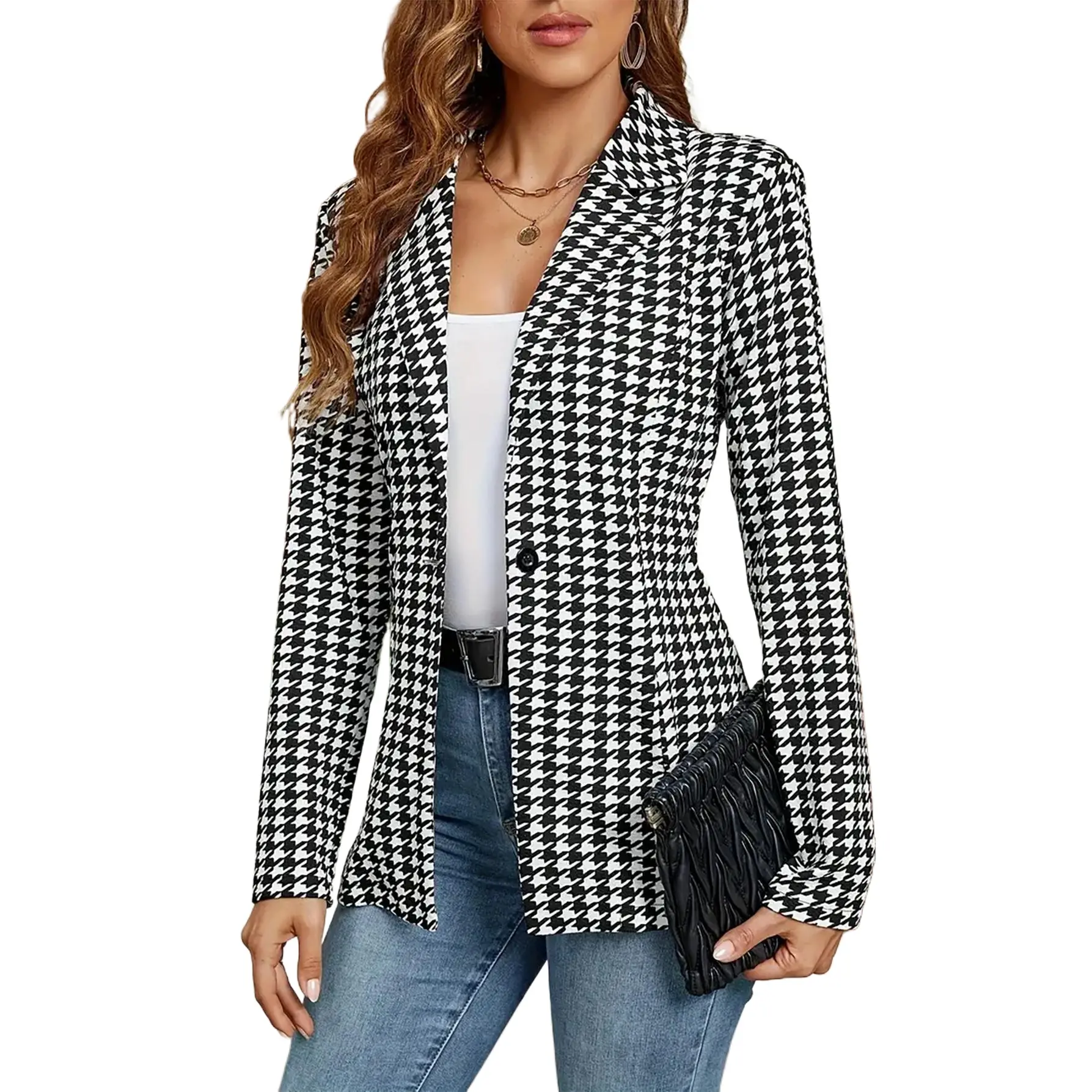Women's Elegant Houndstooth Cardigan Suit, Fitted Longsleeves with Lapel Collar for Business Casual Office Work Clothes, Fabric, Checkered, Elegance, Style, Button, Top
