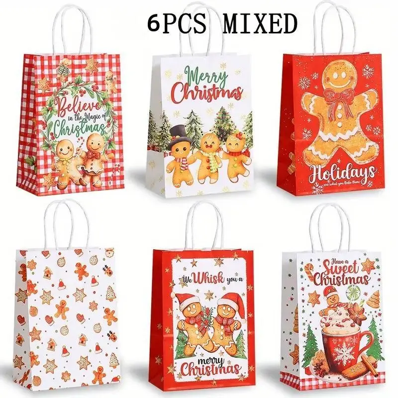 6 Piece Christmas Gingerbread Party Gift Bags, Festive Gingerbread Man Design, Durable Paper Candy Wrappers, //gold/, with Rope Decor, Kraft Paper Bags