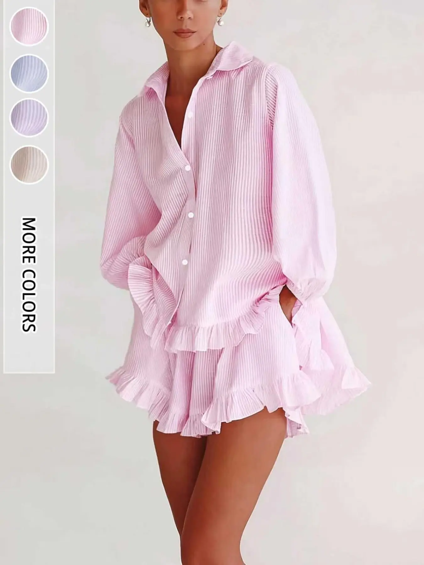 Women's Summer Striped Bubble Long Sleeve Top Shirt + Ruffle Short Pants Set, Feminine Casual Loose Fit, Sweet Style, Perfect for Dates, Vacations, Daily Wear