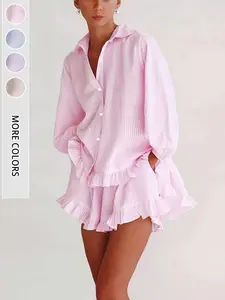Women's Summer Striped Bubble Sleeve Top Shirt + Ruffle Short Pants Set, Casual Loose Fit, Sweet Style, Perfect for Dates, Vacations, Daily Wear
