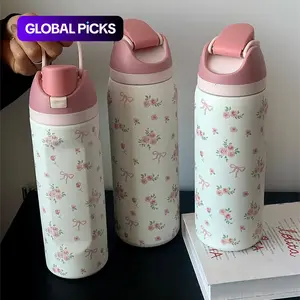 Floral Pattern Vacuum Flask, 1 Count Portable Large-Capacity Water Bottle with Straw, Leakproof Insulated Tumbler, Drinking Cup for Home, Office, School & Outdoor Camping, Drinkware #TOP PICKS