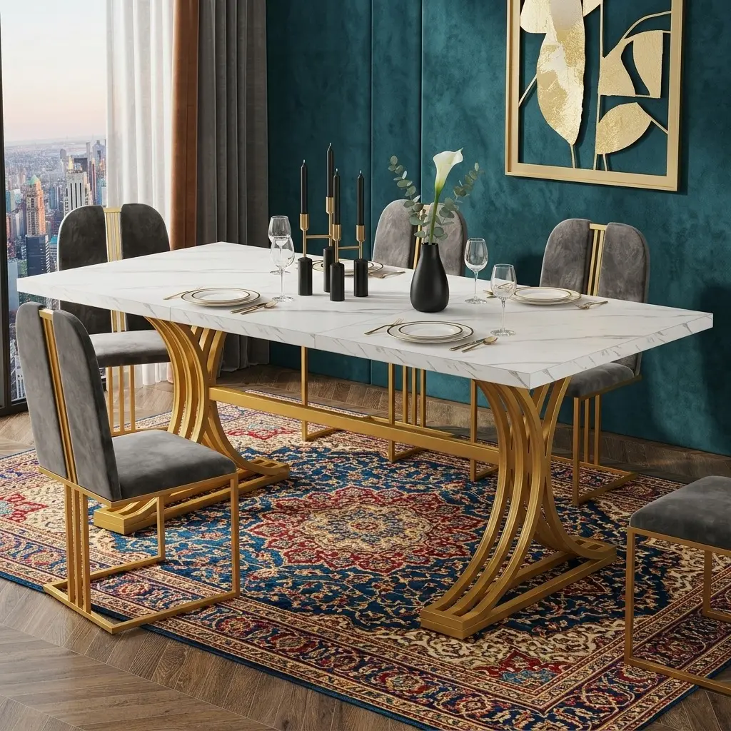 63-Inch Rectangular Dining Table (Rectangle Table), Modern Faux Marble Tabletop, Sturdy Gold Metal Legs, White & Gold Indoor Furniture for Dining Room Home Decor, Seats 4-6 People