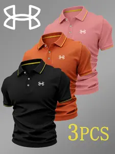 Men's Luxury Golf Polo Shirt Set, 3-Pack, Logo Print, Printed Polo Top, Collared, Buttoned Polo Shirt, Stretchy, Breathable, All-Season, Casual, Comfortable, Durable, High-End Polo Shirts