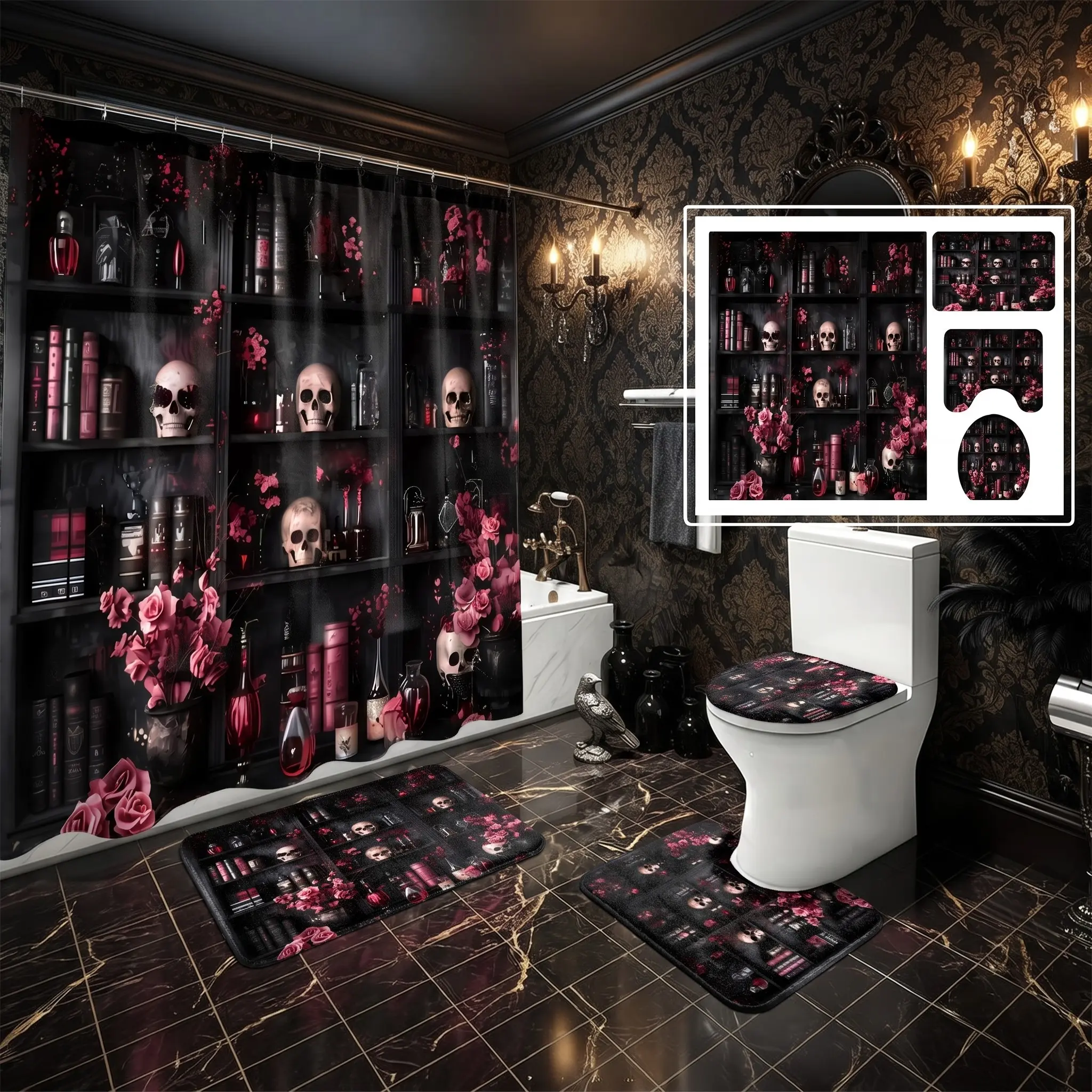 4pcs Gothic Skull Bathroom Set with Bookshelf, Floral Accents, Vintage Witchy Shower Curtain Rugs, Halloween Decor, Dark Academia Aesthetic