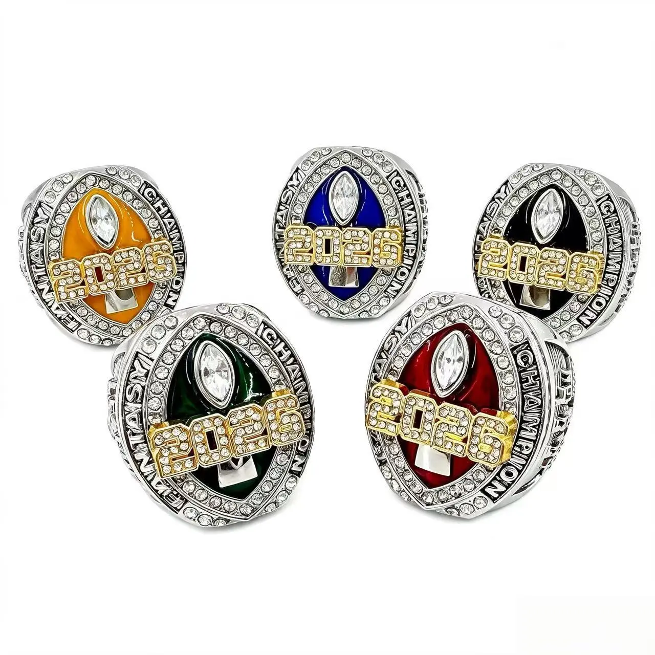 2026 Fantasy Football Championship Custom League Winner Trophy Ring - Crystal Rhinestones, Geometric Shield Design, Bold Fashion, Polished Finish, Plated Alloy, Multi-Enamel, Sizes 9/11/13, Unisex Men’s/Women’s Award Gift