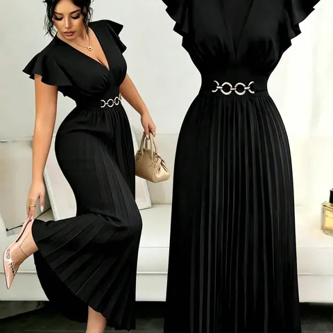 New V Neck Ruffle Sleeve Woven Solid Metal Decoration Button Pleated Design Elegant Young Valentine Party Resort Wine Party Long Dress Chic