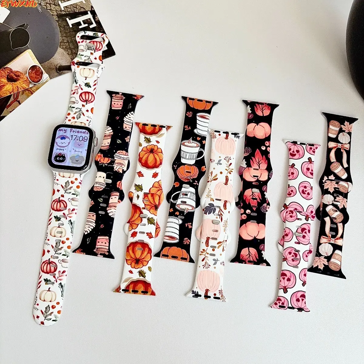EYWXND Fall Pumpkin Mixed Pattern Silicone Watch Band 8 Pack, Autumn Harvest Pumpkin Maple Leaf Coffee Printed Soft Sport Replacement Wrist Straps Compatible with Apple Watch 38mm 40mm 41mm 42mm 44mm 45mm 49mm 46mm, Cute Fall Season Accessory Set for Wome