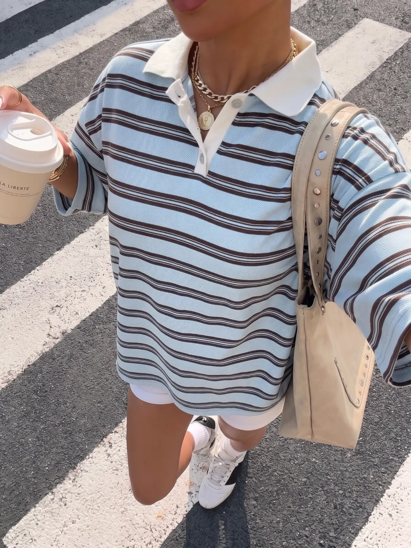 Light Blue Brown Horizontal Stripe White Contrast Collar Short Sleeve Polo Shirt Women Soft Pique Knit Oversized Loose Retro Vintage Preppy Minimalist Daily Coffee Street Outdoor All Season Casual Basic Collared Top #stripedpoloshirt #preppytop #retrocoll