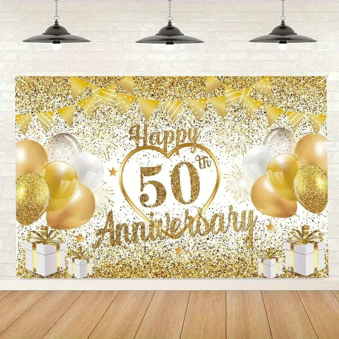 50th Wedding Anniversary Gold Celebration Backdrop Background Cloth, Elegant Golden Tapestry Wall Hanging Photography Background Premium Polyester Fabric, Anniversary Party Decor, Event Setup, Photo Studio Background, Family Celebration