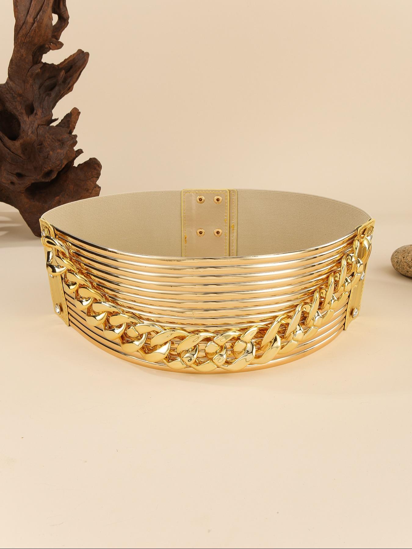Women's Fashion Chain Decorated PU Leather Wide Belt, Casual Waistband for Jeans, Fashion Belt for Party, Daily Clothing Decor, Trendy All-match & Exquisite Belt for Gift, Chain Belts
