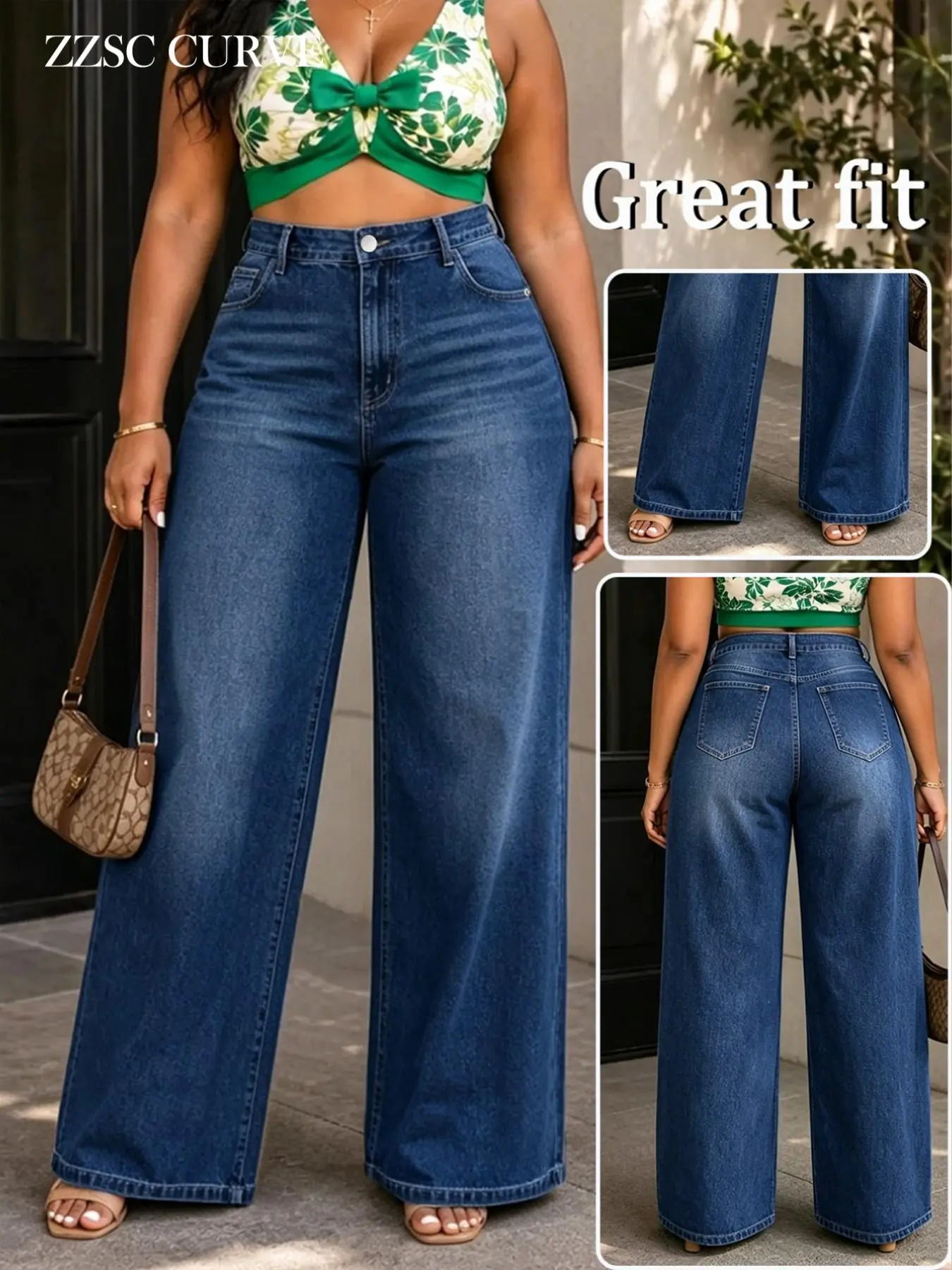 Deep Blue Washed High-Waisted Wide-Leg Jeans, Plus Size Slimming Loose Fit Long Pants, Multiple Colors Available, Fall & Winter Casual Wear