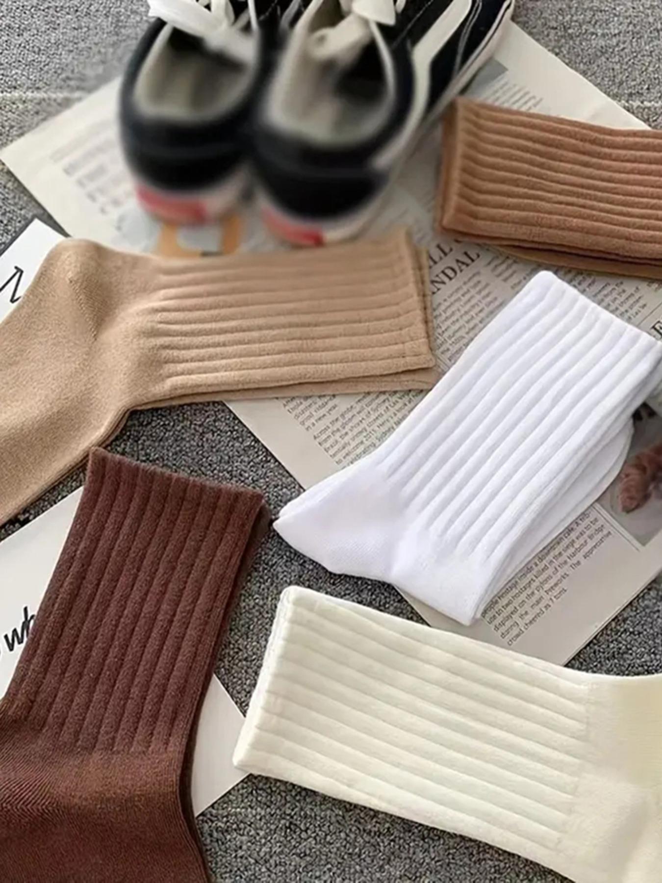 Women's 6 Pairs Solid Crew Socks, Fashion Casual Cozy Breathable Socks for Daily Wear, Women's Socks for All Seasons