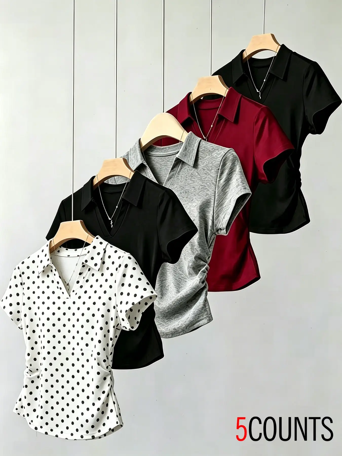 5packs Solid Collar V Neck Short Sleeve Print T-Shirt, Side Ruched Slim Fit, Retro Style, Spring Summer Office Casual Polo Top