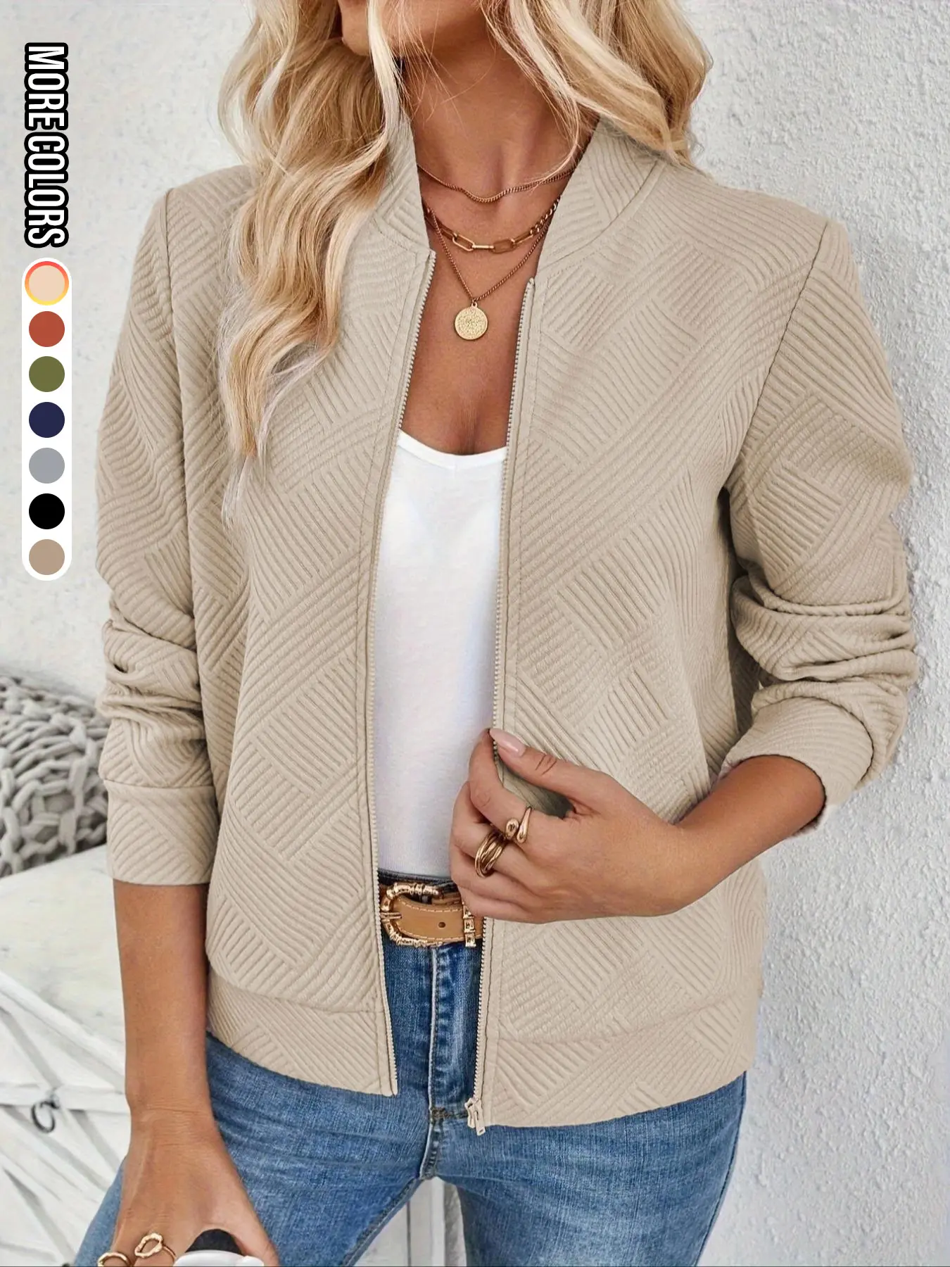 Women's Solid Textured Zip Up Jacket, Casual Long Sleeve Mock Neck Outerwear for Spring & Fall, Ladies Tops for Daily Wear