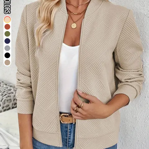 [Black Friday]Women's Solid Textured Zip Up Jacket, Casual Long Sleeve Mock Neck Outerwear for Spring & Fall, Ladies Clothes for Daily Wear