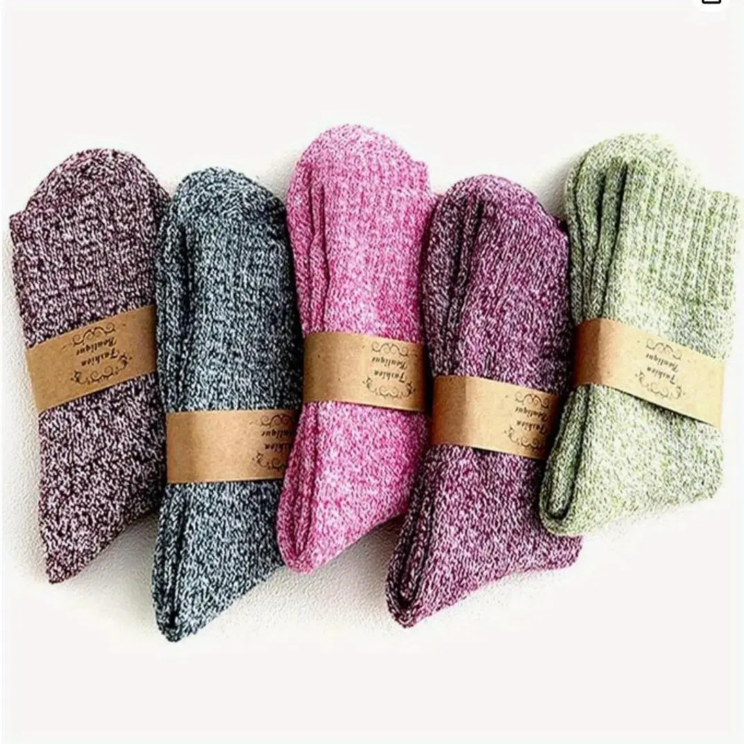 Women's 5-Pair Mixed Color Mid-Tube Knitted Winter Sock Packs - Cute, Soft Comfy, Warm, Thick, Basic, Cartoon, Bow Accent, Quilted, Casual Daily Socks for Daily Wear