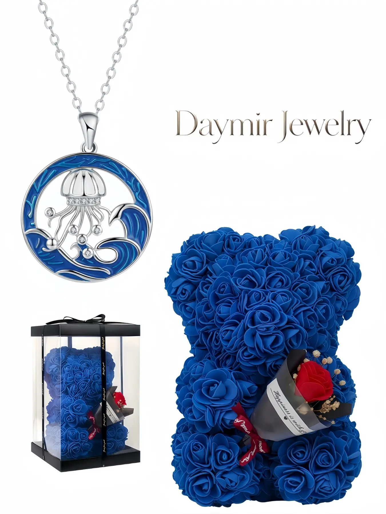Lovely resin‑finished rhinestone jellyfish summer necklace, ocean‑style delicate jewelry with preserved rose‑bear box, charming surprise gift for birthdays, Valentine’s Day, Mother’s Day and Christmas
