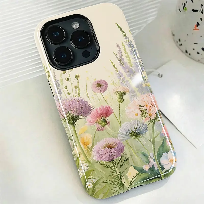 Vintage Pastel Wildflower Watercolor 2-in-1 Glossy Film Phone Case with Silicone Inner - Anti-Drop Dual-Layer Protective Shell for iPhone 17 Pro Max,16E,15 Plus,14,13,12,11 (Cute Girly Aesthetic)