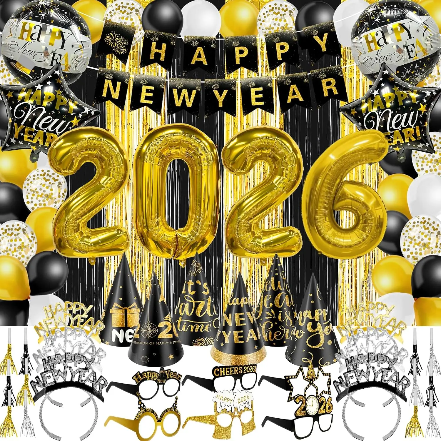 81-Piece 2026 Eve Party Supplies Kit (Serves 12) - Festive Decorations & Gifts with 36" Large Foil Balloons, Black Curtains, Banner, Hats, Headbands, Glasses, Noisemaker, Transparent Wall Props, Photo Accessories, Happy New Year