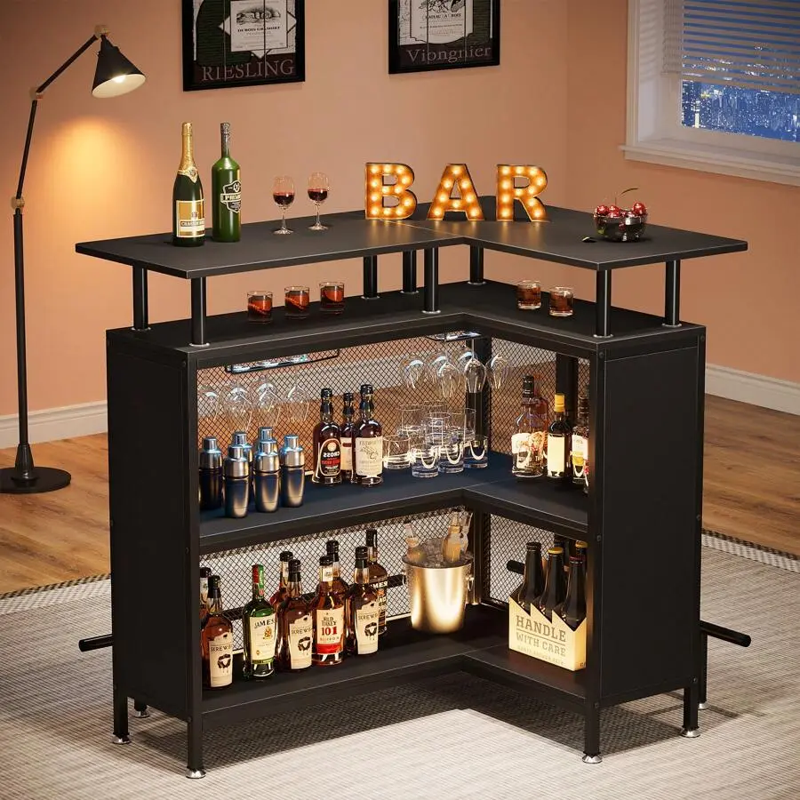 Home Bar Unit, L-Shaped Bar Table Corner Liquor Cabinet With Footrest Home//Pub