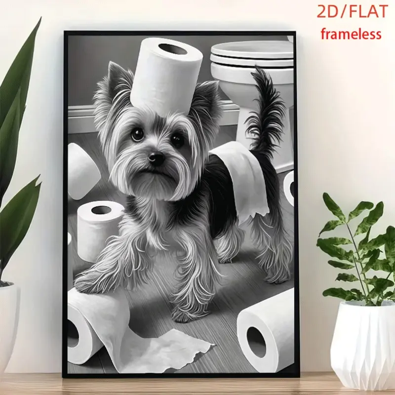 frameless Naughty Yorkie Messing With Toilet Paper Art Decor Print Poster, Wall Art for Living Room, Bedroom, Office, Dining Room & Bar, Perfect Gift & Home Decor, 12in x 16in