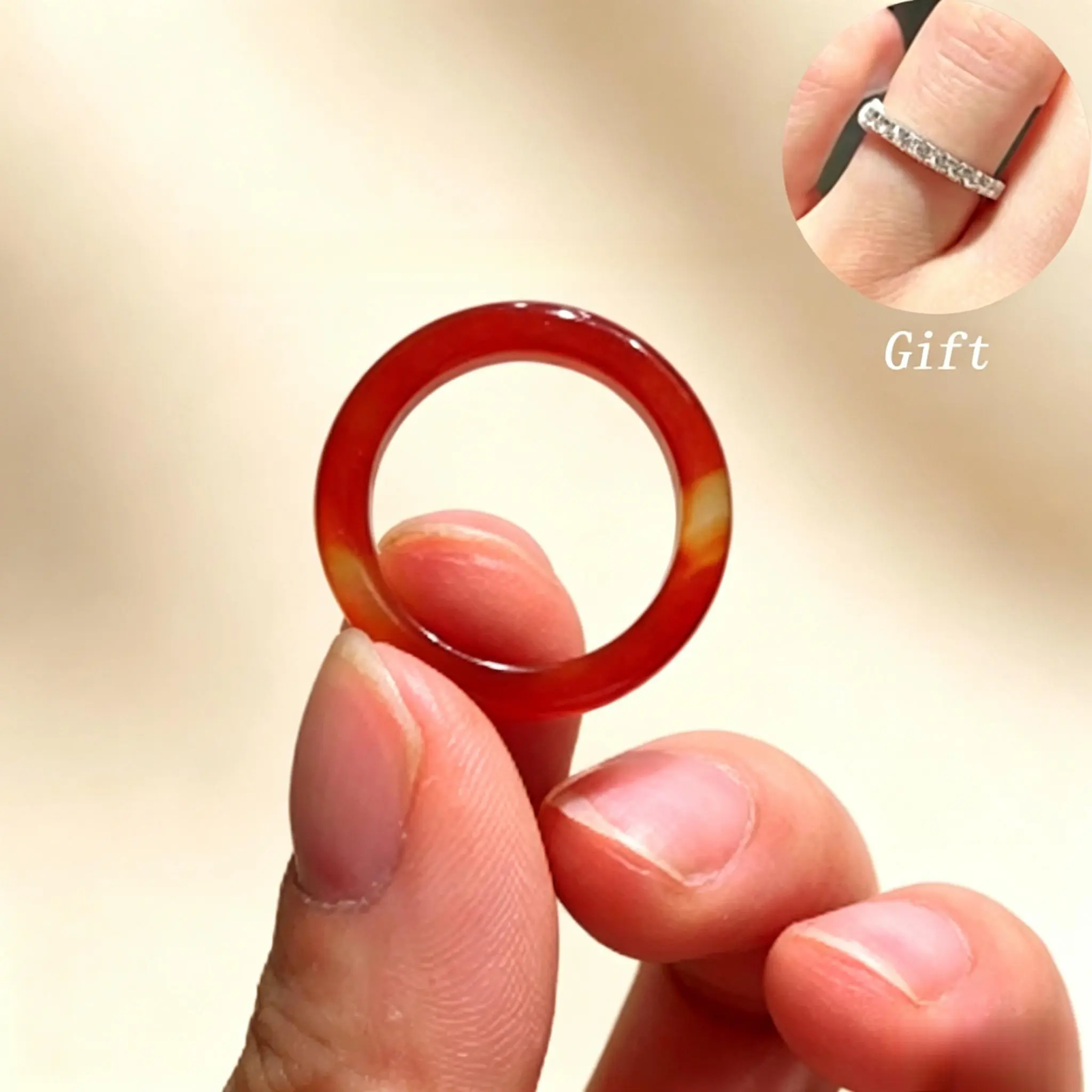 【Buy 1 Get 1 FREE】Natural Red Carnelian Bold Ring Set with Bonus Silver-Tone Band, Casual Style Charm Stacking Rings, Elegant Crystal Spiritual Energy & Vitality Gift, Bold Rings