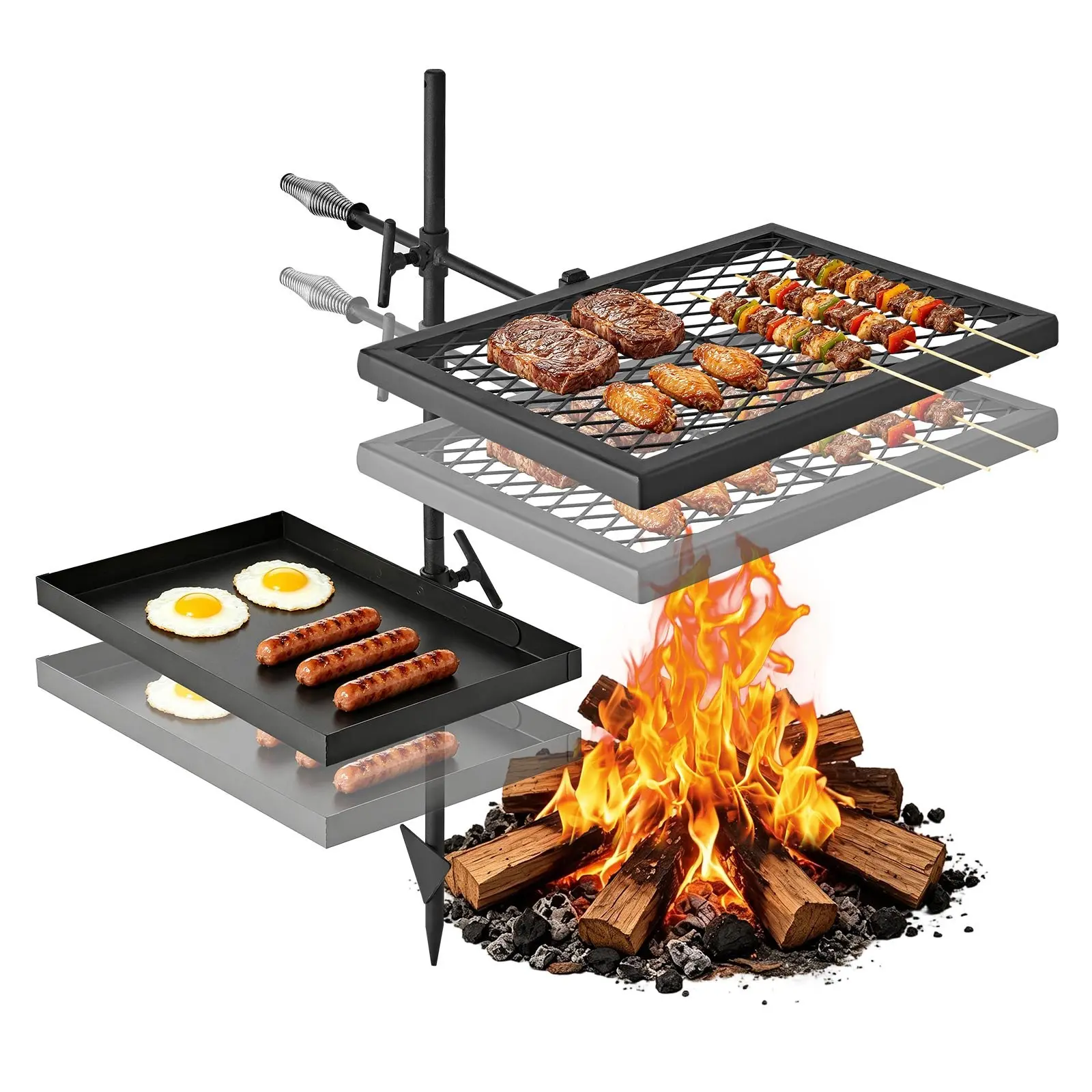 VEVOR Heavy Duty Swivel Campfire Grill, Double Layer Sturdy Steel BBQ Mesh Griddle, 1112/600 High-Heat Coating, 360-Degree Height Adjustable Foldable Detachable Outdoor Grill Station, Black, for Open Flame Use