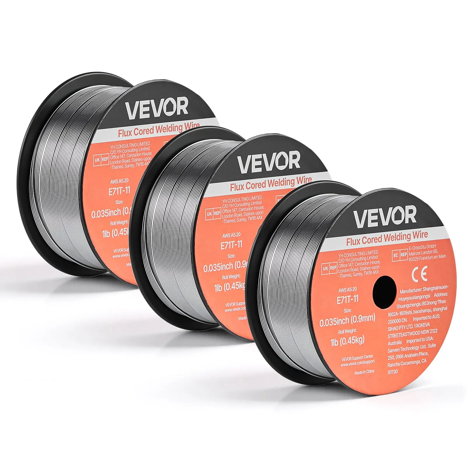 VEVOR Flux Core MIG Welding Wire, E71T-11 0.035-inch 1 LBS, Gasless Mild Steel Welding Wire with Low Spatter for All Position Arc Welding, Self-Shielded for Outdoor Use (Pack of 3 Rolls)