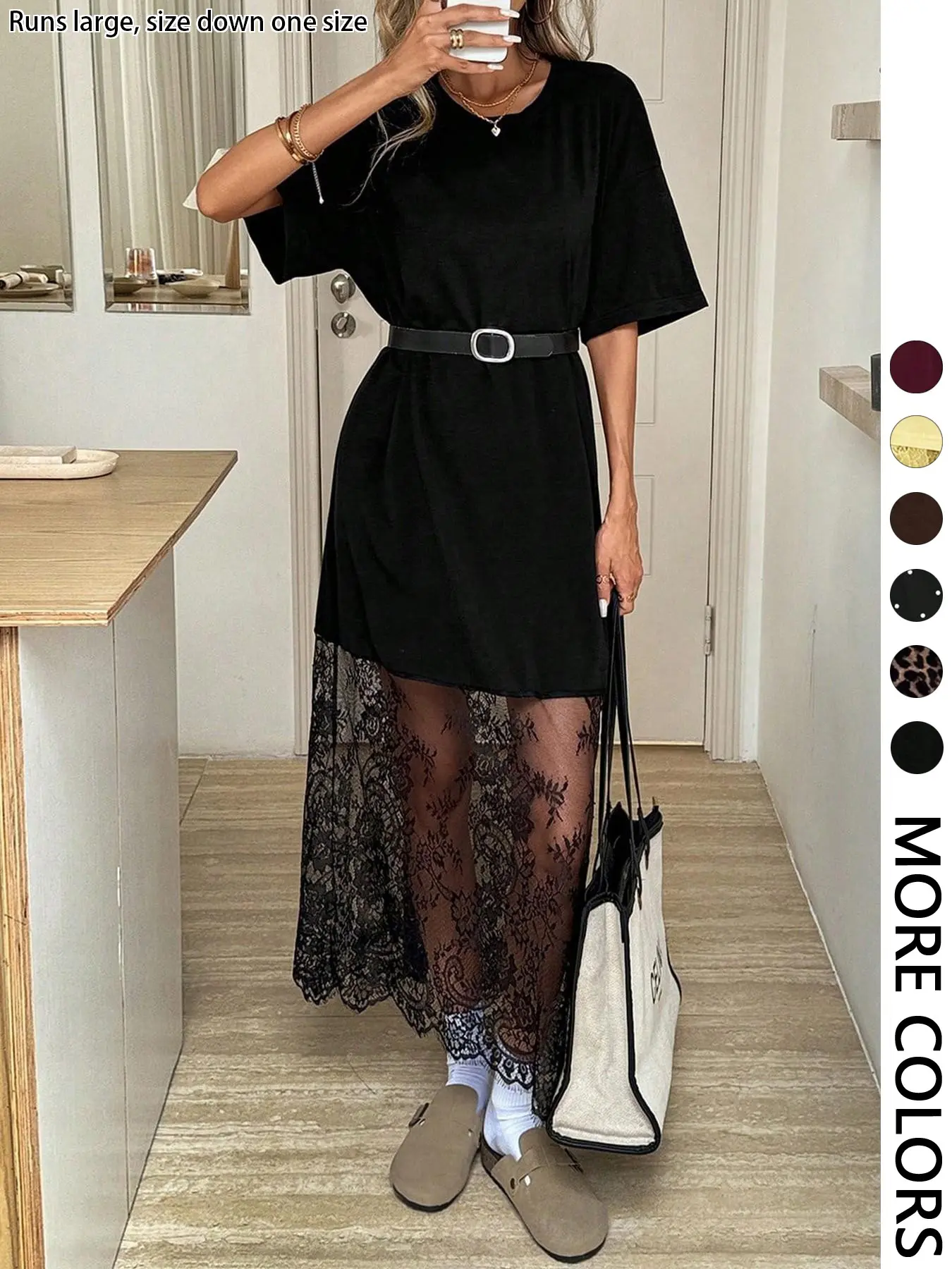 Solid Color Crew Neck Short Sleeve Loose Casual Wear Lace Dress, Suitable For Everyday Outings And Commuting Airport Outfit Women Old Money Dress Going Out Dress Teacher Outfits Dresses For Women Elegant (Belt Not Included)