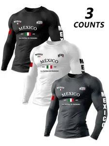 Men's 3-Pack Knit Knitwear Round Neck Long Sleeve Fitted T-Shirts, Casual Streetwear Top, Eagle Pattern Mexico Letter Print, Spring Outdoor Casual Set
