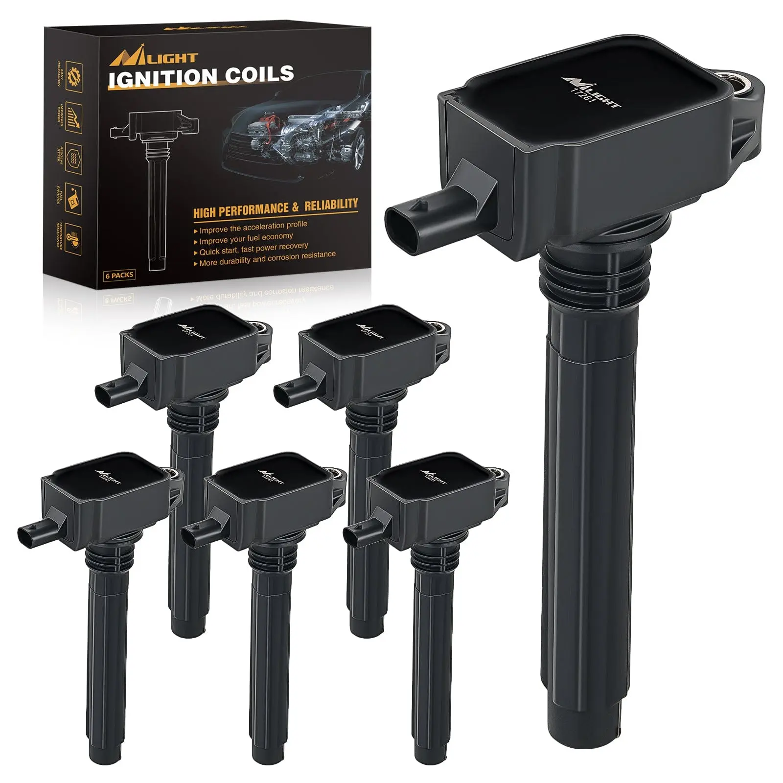 Nilight 6pcs Ignition Coil Pack UF648 Engine Parts - Copper Wire, Shockproof, Power Up Auto Accessories for Jeep Dodge Chrysler 2011-2016 V6 3.6L Motor Part (Grand Cherokee, Wrangler, RAM1500, 2012-2015 Ram C/V) - Automotive Replacement