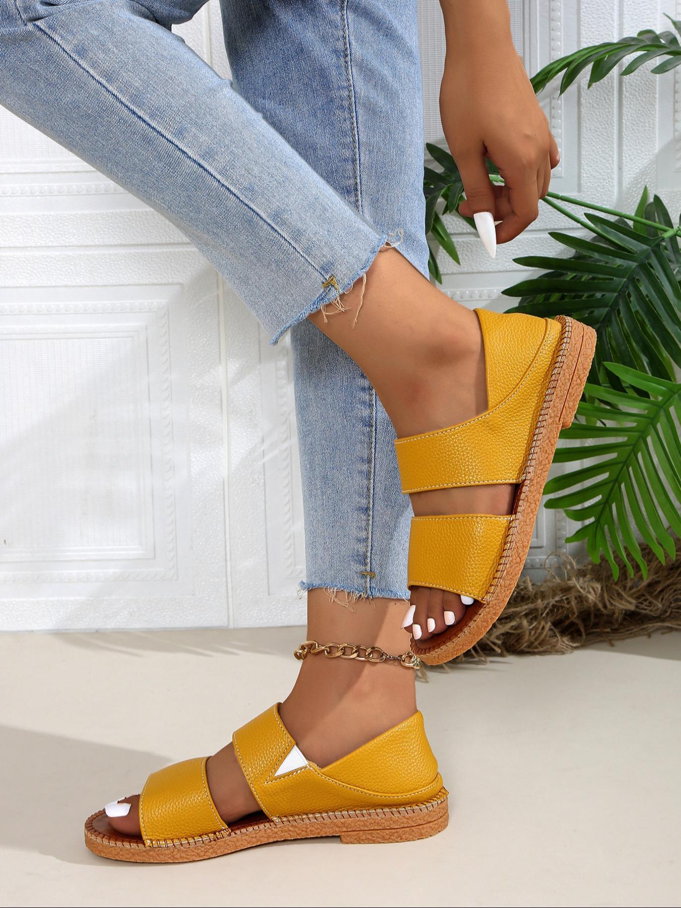 Women's Fashionable Solid Color Sandals, Leather Sandals, Elegant Sandal, Casual Comfortable Sandals for Summer, Female All-match Open Toe Sandals for Daily Wear, Walking Shoes, Footwear Strap Slides