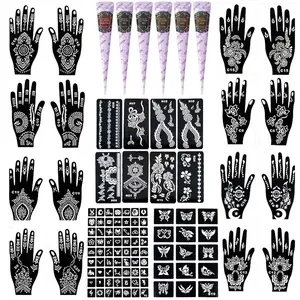 Indian Henna Tattoo Kit with Multiple Reusable Hand Stencils Natural Black Temporary Tattoo Paste Cones for Festival Beach Body Art
