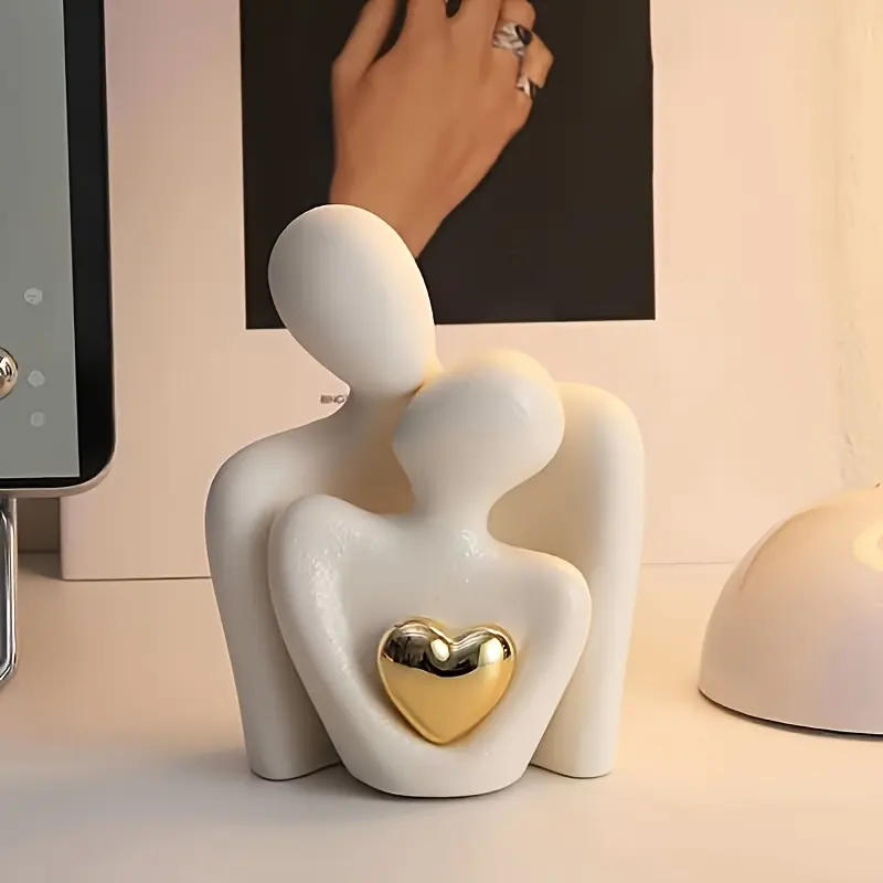 Weighted Hug Shape Modern Ceramic Sculpture with Golden Heart Ornament & Artificial Flower - Collectible Love Home Decor Figurine, Valentine Gift, Tabletop Decor, Indoor Room Table Centerpieces, Couple Ornament, Home Decor Ornaments, Collectible Home Deco