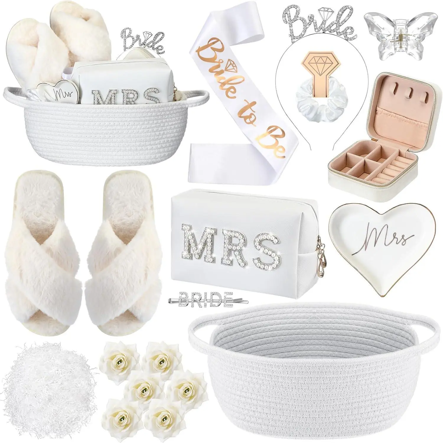 17 count Bride to Be  Basket for Bridal Shower, Bridal Box with Basket, Makeup Bag, Slippers, Headband, Sash, Mrs Ring Dish,  Box and  for Wedding Engagement (White)