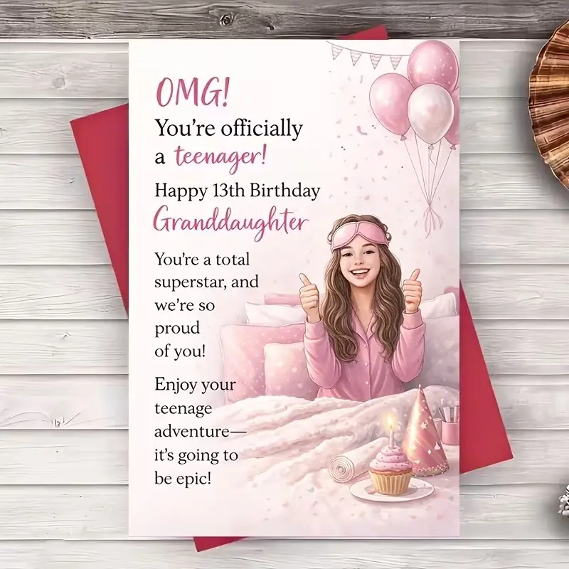 Granddaughter's 13th Birthday Card, Balloon and Cake Theme, Family Teen Birthday Party Celebration, Flat Greeting Card, Gift Choice