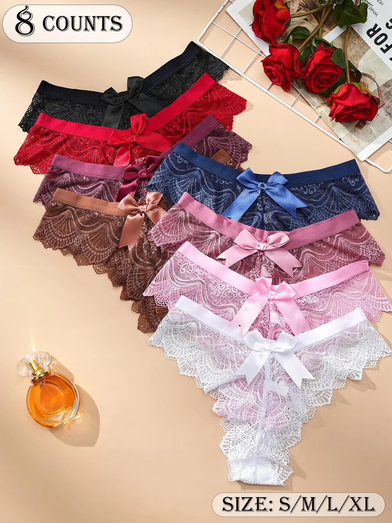 8-Pack Summer Sexy Lace Briefs Set, Floral Pattern, Butterfly Knot Design, Soft Breathable Fabric, Comfortable for Daily Wear