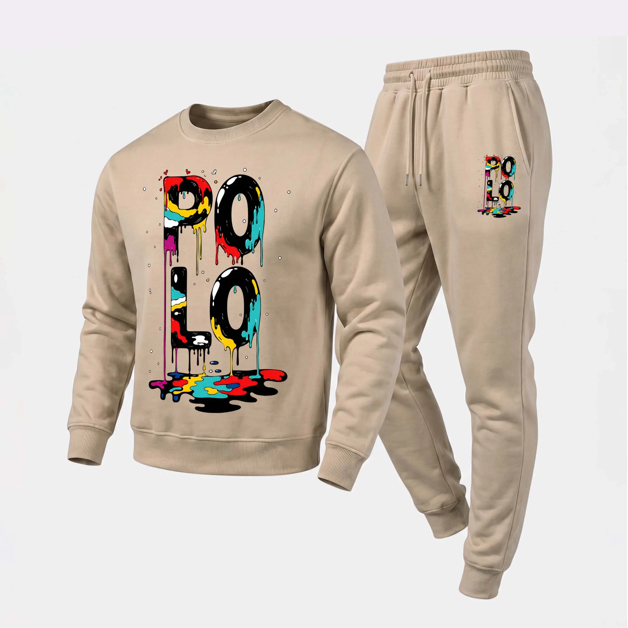Men's Ink-Wash Style Font Graphic Crewneck Sweatshirt and Jogger Pants Set, Casual Long Sleeve Pullover with Drawstring Sweatpants, Fall Winter Tracksuit for Daily Wear, Travel, Lounge, Workout and Indoor Outdoor Activities