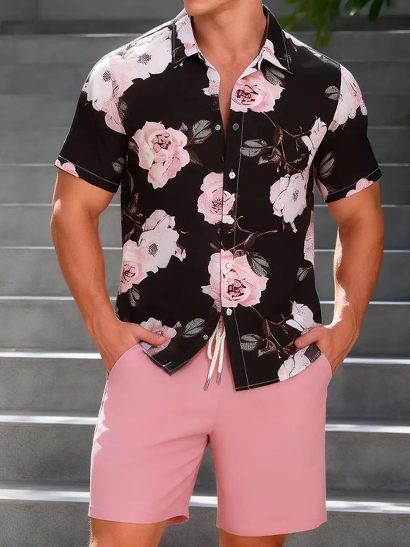 Men's Two Piece Outfits Set | Short Sleeve Floral Print Button Shirt & Drawstring Shorts | Casual Loose Fit Summer Tracksuit | Black Pink Flower Matching Set for Vacation, Beach, Daily Wear & Streetwear