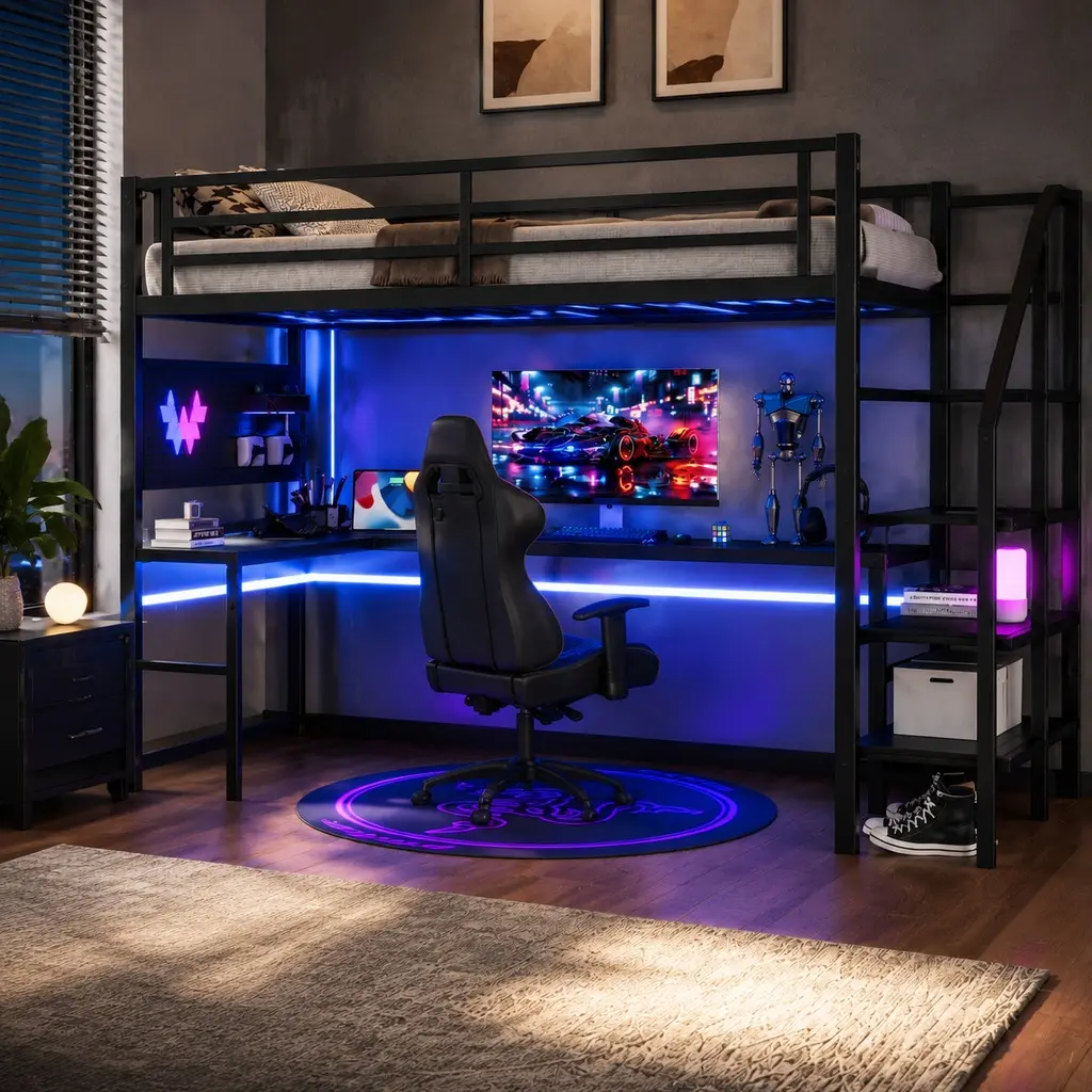 ARCH Furniture Full XL Size Metal Frame Loft Bed - L-Shaped Desk, USB Port, LED Lights, Wardrobe, Stairs, Secure, 172.18 lbs Capacity, 98.4"l x 56.6"w x 68.8"h, Assembly Required, Black