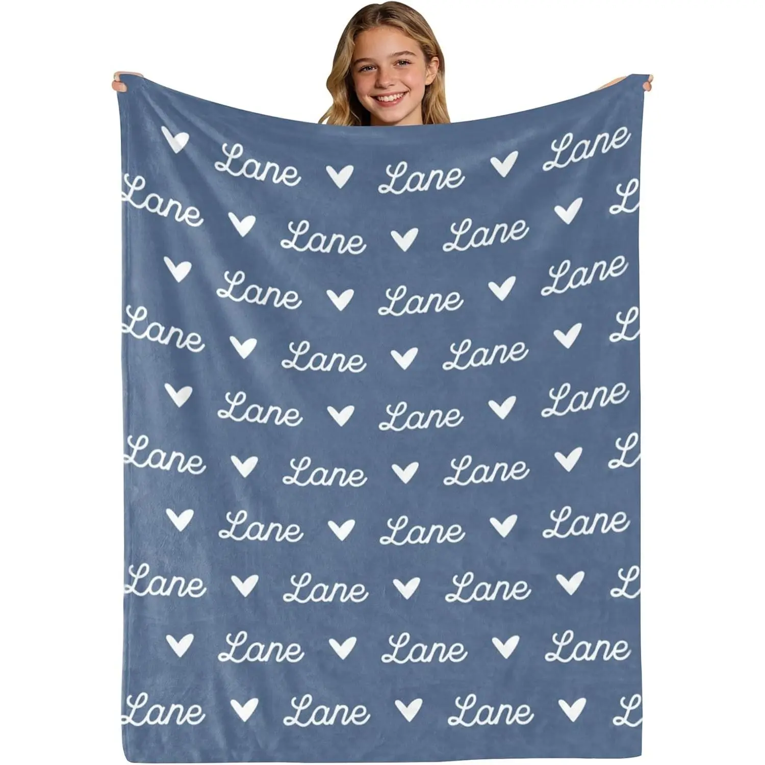 Personalised Aesthetic Minimalist Custom Name Throw Blanket - Wrinkle-Resistant PVC Fabric, Soft Breathable Monogram Flannel, Heart Repeat Pattern, Cozy Couch Decor, Couple-Themed Decorative Bed Cover Gift