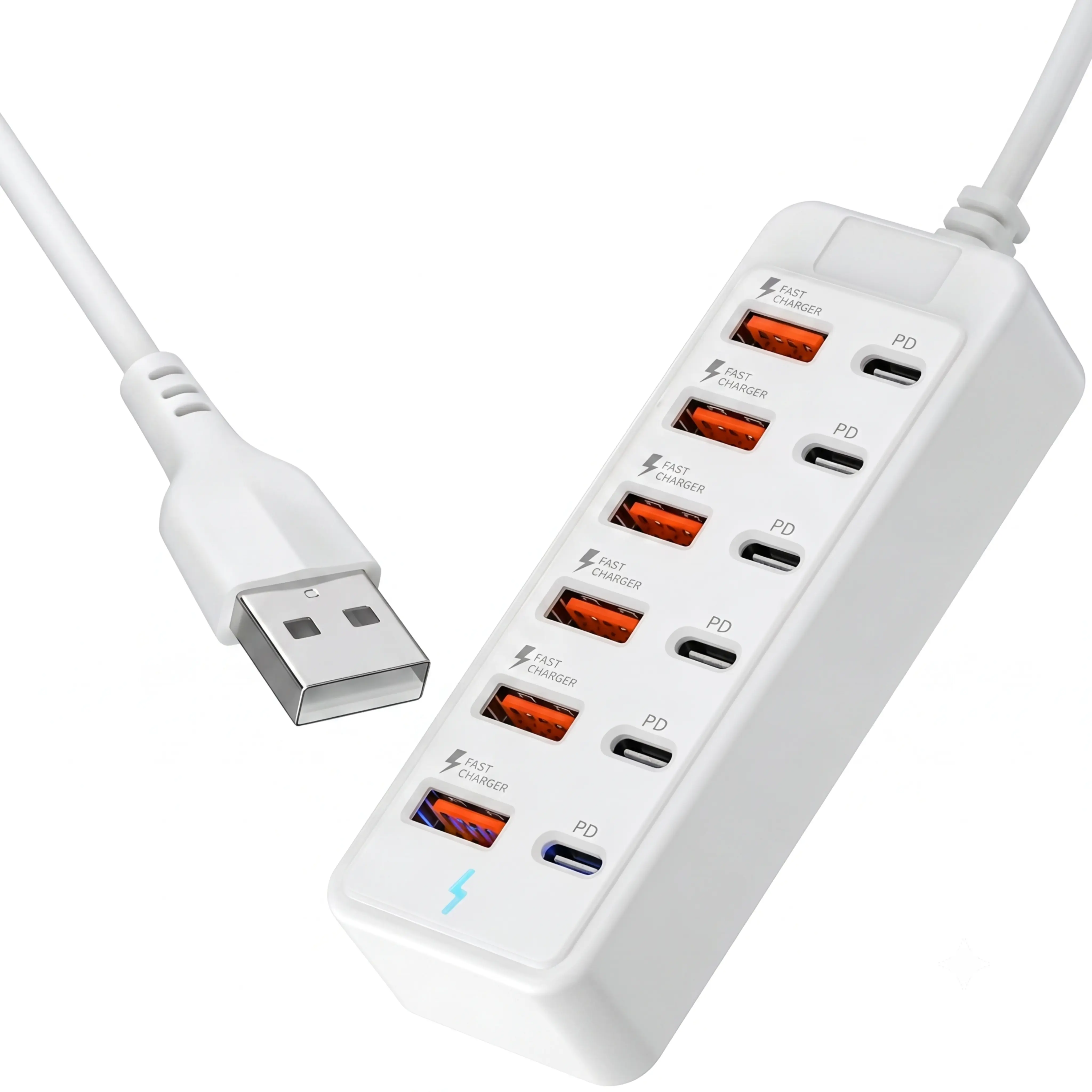 12-Port USB fast charging multi-function hub: 6 Type-C PD ports + 6 USB-A ports, single port 66W fast charging, universal power hub for laptops and tablets, compact workstation socket with cable, industrial grade electrical interconnection