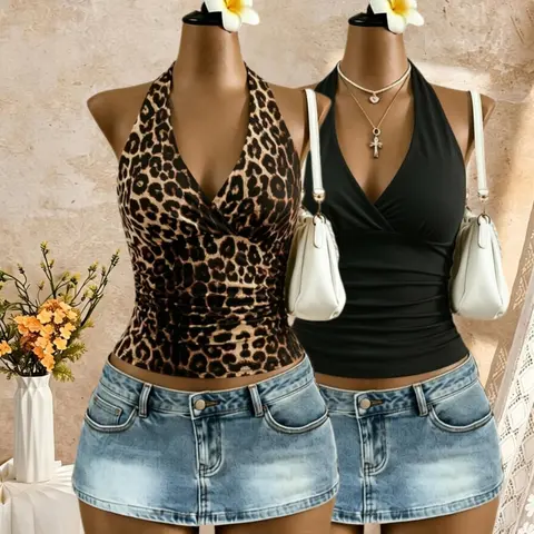 European and American Leopard Print Plain Dot Casual's Tank Top 2-Piece Set, Chic Halterneck Backless Design for Spring & Fall, Fitted Contemporary Style