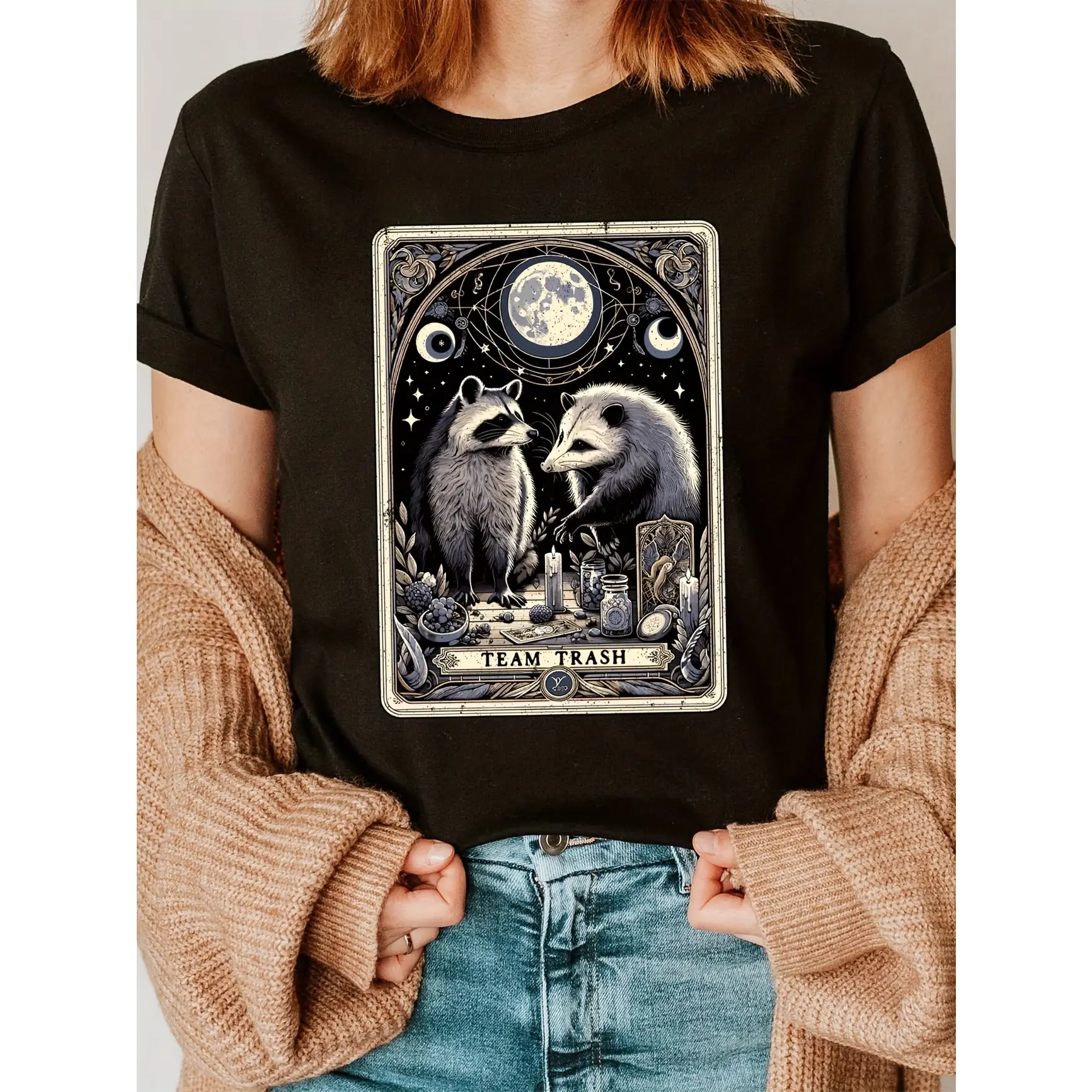 Women's Oversized Pure Cotton Black Short-Sleeve Crew Neck T-Shirt - Tarot Card Raccoon Moon Night Team Trash Graphic, Comfortable Breathable Fabric, Dark Cottagecore Witchy Casual Outfit, Perfect Valentine Gift for Raccoon Fans, Cardigans Compatible, Sho