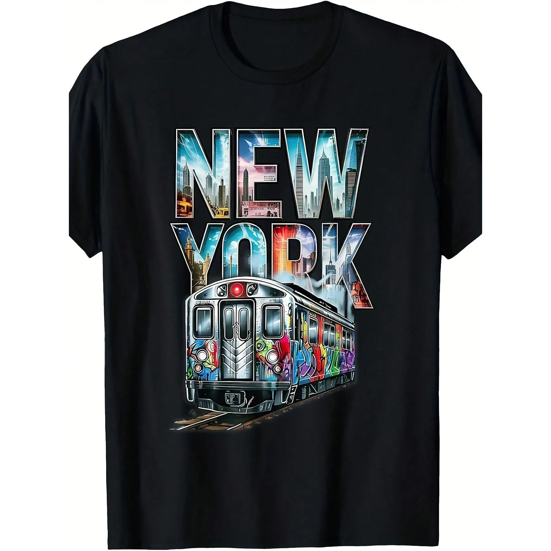 Men'S Retro New York City Subway Graphic T-Shirt - Urban Hip Hop Tee With Graffiti Art, Vintage NYC Transit Design, Regular Fit Round Neck Casual Streetwear For Men, All-Season & Statement Apparel, Vibrant Graffiti-Style Print