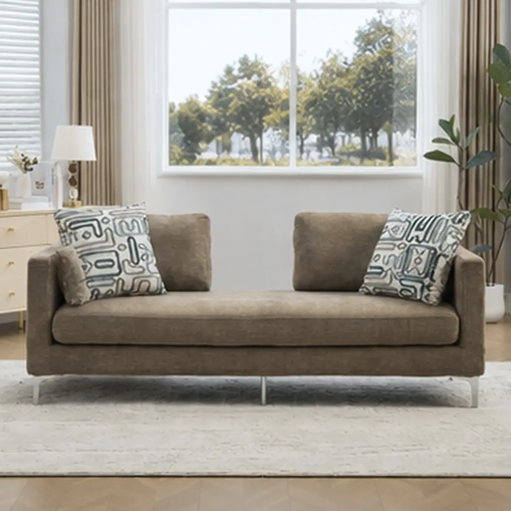 77.5 Inches W Traditional Chenille Upholstered Chaise Lounge Settee with Track Arms, 4 Accent Pillows, Modern Oversized Foam Sleeper Sofa Daybed Bench, Open Backrest, 5.9 Inches Leg Height, Taupe (Green/Ivory Options) for Living Room