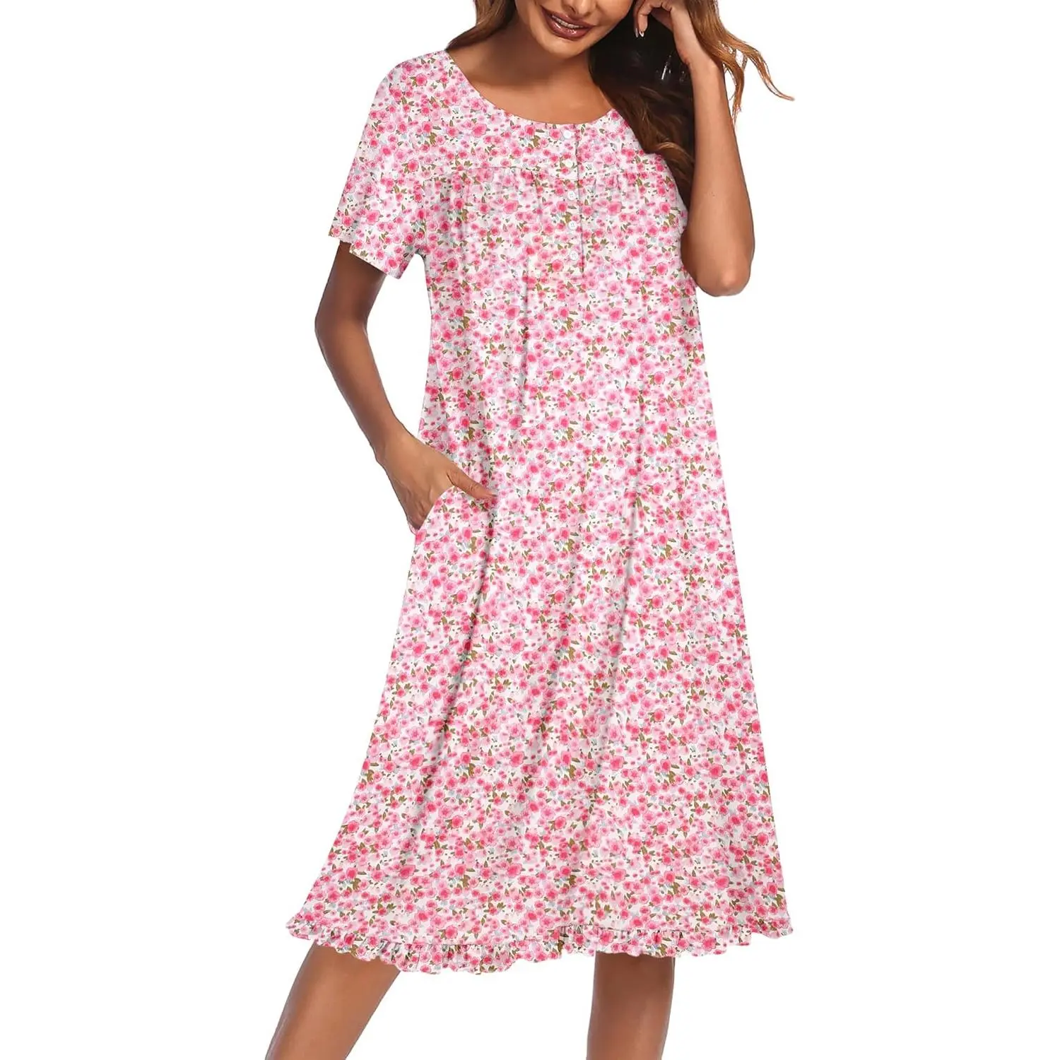 Nightgowns for Women with Pockets Button Front Short Sleeve House Dresses Floral Print Mumu Dress