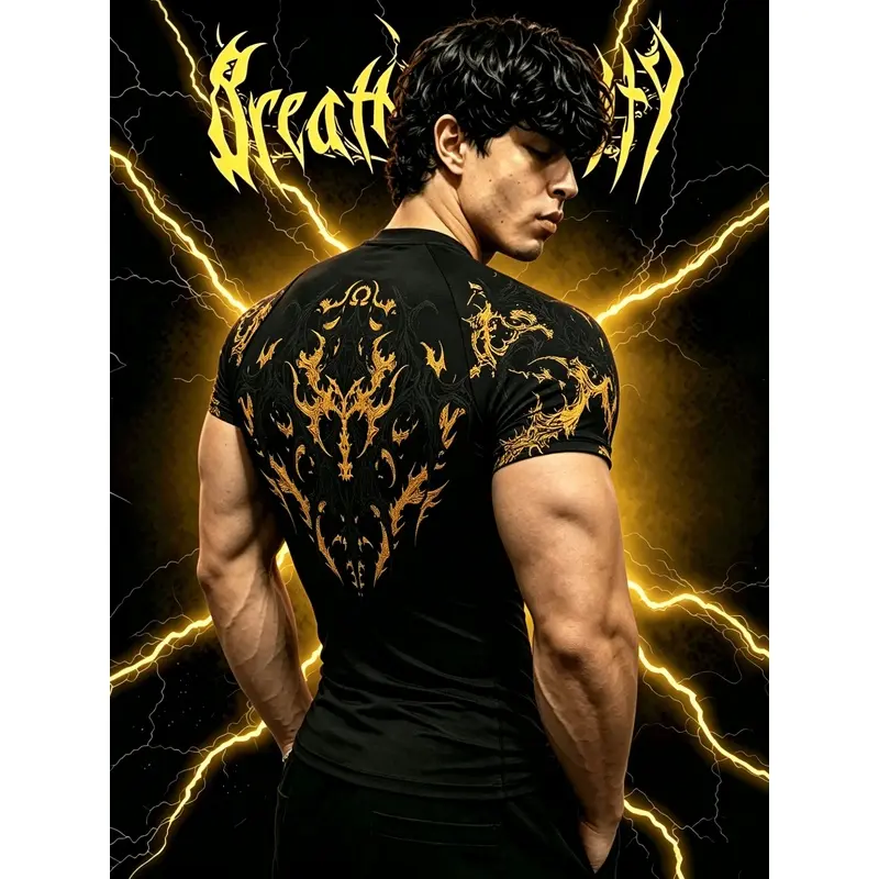 Men's Gothic Graphic Short-Sleeve Raglan T-Shirt, Slim-Fit Quick-Dry Moisture-Wicking Gym Tee with Red Thorn Print, High-Street Workout Top, Fitness Apparel, Gym Clothes Men, Intense Training, Quick-Dry Breathable Athletic T-Shirts, Sporty Activewear Tops